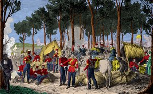 Lager russischer und englischer Truppen auf den Champs Elysées in Paris im Juli 1815 nach der Niederlage Napoleons I., Gravur, Private Sammlung