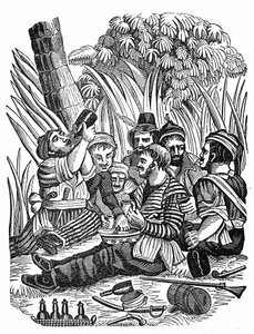 Die Mannschaft von Captain Bartholomew Roberts ruht sich am Old Calabar River aus, späte 17. Jahrhundert. Gravur aus „The pirate own book“ 1837