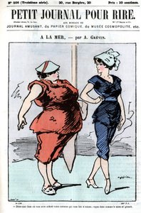 Karikatur über Menschen auf See. Zwei Frauen, von denen eine über Mode spricht: „Sag mir, wo du deinen Anzug gekauft hast, der dich so schlank macht; sieh, wie sehr meiner wächst.“ Gravur in „Petit Journal pour Rire“ von A. Grévin von Anonymous Anonymous