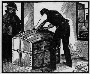 Fall Eyraud-Bompard oder der Fall des blutigen Koffers: Entdeckung des Koffers, der verwendet wurde, um die Leiche des Gerichtsvollziehers Gouffé zu verstecken, der 1888 in Paris von dem Paar Michel Eyraud und Gabrielle Bompard ermordet wurde. Illustration