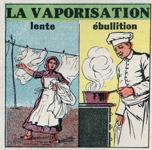 Zustandsänderungen: langsame Verdampfung (Windeinwirkung) oder Kochen (Hitze unter einer Pfanne). Anonyme Illustration von 1925. Private Sammlung. von Anonymous Anonymous