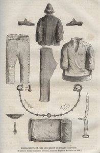 Kleidung und Eisen, die ein Forcat im Rochefort-Bagne im 19. Jahrhundert erhält (nach der Originalzeichnung von Clemans, Forcat im Bagne 1840). Gravur in „Histoire des bagnes depuis leur création à nos jours“ (1877) von Pierre Zaccone (1817-1895).