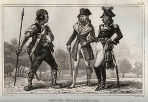 Kostüme unter der Konvention. Gravur von 1859 in „Le Monde. Geschichte aller Völker von den frühesten Zeiten bis zur Gegenwart“ von M. E. de Lostalot-Bachoue. Private Sammlung. von Anonymous Anonymous