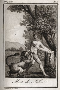 Tod von Milon von Kroton, von einem Wolf verschlungen. Gravur von 1819 in „Lettres à Emilie sur la mythologie“ von Charles Albert Demoustier (1760-1801). Private Sammlung. von Anonymous Anonymous