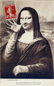 Verfremdete Darstellung der „Mona Lisa“ von Leonardo da Vinci (1452-1519): Mona Lisa verabschiedet sich, um ihren „Vinci“ zu finden. Komödie-Postkarte, herausgegeben zur Zeit des Diebstahls des Werkes durch Vincenzo Peruggia