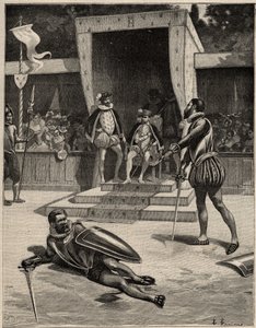 Duell zwischen Francois de Vivonne de la Chataigneraie und Guy de Chabot, Baron de Jarnac in Saint Germain en Laye, Frankreich am 10. Juli