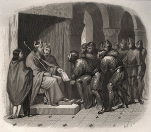 Eduard der Bekenner (einer der letzten angelsächsischen Könige von England) - St. Eduard der Bekenner (1004-1066) gibt seinem Volk neue Gesetze. Gravur von 1846 in Lives of the Saints. Private Sammlung