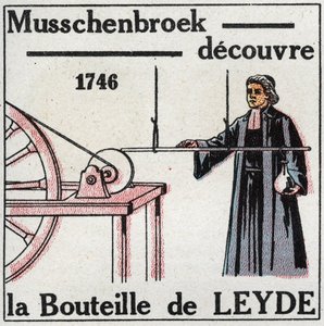 Elektrische Kondensatoren: Pieter (Petrus, Pierre) van Musschenbroek (1692-1761) entdeckte 1746 die Leidener Flasche, den Vorläufer des Kondensators. Anonyme Illustration von 1925. Private Sammlung. von Anonymous Anonymous