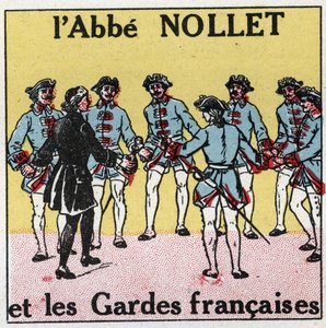 Elektrische Kondensatoren: Erschütterung durch Kondensatoren. Experiment der Leidener Flasche von Abbe Jean Antoine Nollet (Jean-Antoine) (1700-1770), französischer Physiker in Versailles, wo 180 Wachen gleichzeitig im Jahr 1746 getroffen wurden. Anonyme I