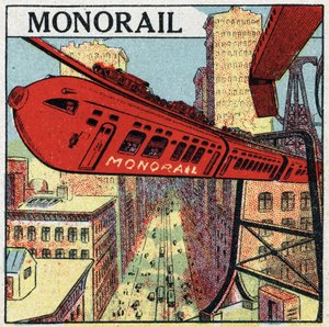 Elektrische Eisenbahnen: Projekt für eine Einschienenbahn, die in einer Stadt verkehrt. Anonyme Illustration von 1925. Private Sammlung.