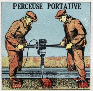 Elektrische Werkzeuge: tragbare Bohrmaschine. Anonyme Illustration von 1925. Private Sammlung. von Anonymous Anonymous