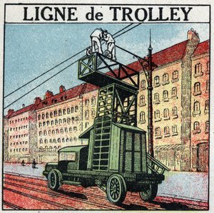 Elektrische Straßenbahnen: eine Oberleitung. Anonyme Illustration von 1925. Private Sammlung. von Anonymous Anonymous