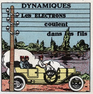 Elektrische Phänomene: Dynamische Phänomene. Elektronen fließen durch elektrische Drähte. Anonyme Illustration von 1925. Private Sammlung.
