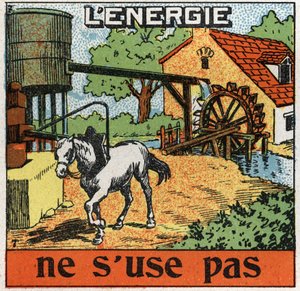 Energie nutzt sich nicht ab: Pferd an einem Karussell hört Wasser in einem Reservoir. Anonyme Illustration von 1925. Private Sammlung. von Anonymous Anonymous