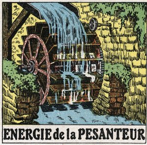 Energie der Schwerkraft: Rad einer Wassermühle. Anonyme Illustration von 1925. Private Sammlung. von Anonymous Anonymous