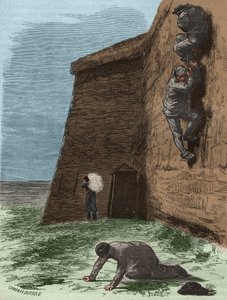 Flucht aus dem Rochefort Bagne im 19. Jahrhundert. Gravur in „Histoire des bagnes depuis leur création à nos jours“ (1877) von Pierre Zaccone. Private Sammlung. von Anonymous Anonymous