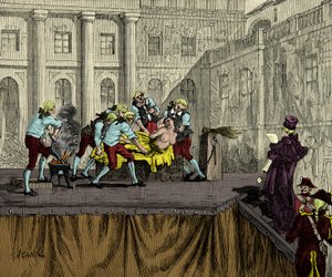 Henker Samson markiert Jeanne de Valois Saint Remy (Valois-Saint-Remy), bekannt als Gräfin de la Motte (1756-1791) nach ihrer Verurteilung im Fall der Halskette der Königin im Jahr 1786, Gravur, Private Sammlung von Anonymous Anonymous