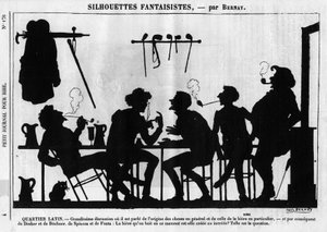 Fantastische Silhouetten von Bernay. Karikatur über Pariser Intellektuelle: „Lateinisches Viertel. Große Diskussion über den Ursprung der Dinge im Allgemeinen und des Bieres im Besonderen...“ Gravur in „Petity Journal pour Rire“