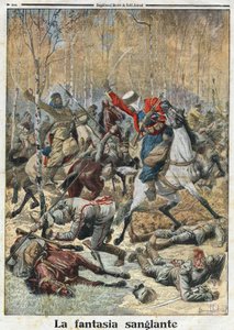 Erster Weltkrieg 1914-1918: „Die blutige Fantasie“. Im Wald kämpft eine Truppe von dreißig Ulanen (deutsche Reiter mit einer Lanze) gegen acht siegreiche algerische Spahis. Gravur in „Le Petit Journal“, am 28.11.1915. Private Sammlung.