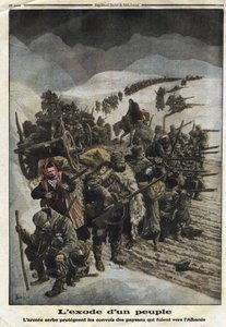 Erster Weltkrieg 1914-1918: „Der Exodus eines Volkes“. Die serbische Armee schützt die Konvois von Bauern, die aus Serbien nach Albanien fliehen. Gravur in „Le Petit Journal“, am 26.12.1915. Private Sammlung. von Anonymous Anonymous