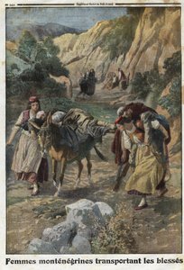 Erster Weltkrieg 1914-1918 (14-18): Frauen aus Montenegro tragen verwundete Männer im Krieg auf dem Rücken von Maultieren oder auf ihren eigenen Schultern. Gravur in „Le Petite Journal“, am 5.12.1915. Private Sammlung von Anonymous Anonymous