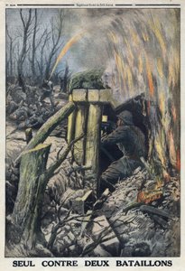 Erster Weltkrieg 1914-1918. Ein französischer Offizier kämpft allein gegen zwei Bataillone der deutschen Armee im Bois de Caures. In „Le Petit Journal“, am 14.05.1916. Private Sammlung