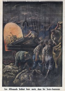 Erster Weltkrieg 1914-1918. Die Deutschen verbrennen tote Soldaten in den Öfen. In „Le Petit Journal“, am 23.04.1916. Private Sammlung
