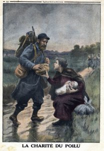 Erster Weltkrieg 1914-1918 (Krieg 14-18). Die Nächstenliebe der Haarigen: ein französischer Soldat hält auf einem Weg an, um einer Frau mit ihrem Baby Brot anzubieten. In „Le Petite Journal“, am 9.01.1916. Private Sammlung