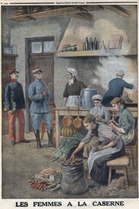 Erster Weltkrieg 1914-1918. Frauen bereiten Essen in den Kasernen-Küchen vor. Drei Köche bei der Kartoffelschälung. In 
