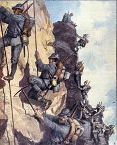 Erster Weltkrieg: Italienische Alpenjäger klettern eine Wand in den italienischen Alpen hinauf