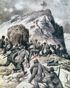 Erster Weltkrieg: „Italienische Alpenjäger (Alpini) klettern auf den Gipfel des Cauriol, Italienische Alpen“ 1916. Illustration aus „La domenica del corriere“
