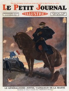 Erster Weltkrieg: Porträt von General Joseph Joffre (1852-1931) zu Pferd, dargestellt als Sieger auf dem Schlachtfeld von La Marne (September 1914). Illustration nach einem Gemälde von Constantine Font. Gravur aus "Le petit journal illustré" von 1931.