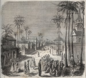 Forcats auf dem Weg zur Arbeit im Penitencier Saint-Laurent in Cayenne (Französisch-Guayana) im 19. Jahrhundert. Gravur in „Histoire des bagnes depuis leur création à nos jours“ (1877) von Pierre Zaccone (1817-1895). von Anonymous Anonymous