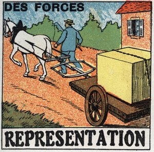 Kräfte: ein Pferd zieht einen Wagen. Anonyme Illustration von 1925. Private Sammlung. von Anonymous Anonymous