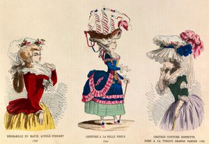 Von links nach rechts: Deshabille du matin genannt Pierrot im Jahr 1787; Frisur à la Belle Choule im Jahr 1780; Hut und Kleid ein türkisches großes Schmuckstück im Jahr 1786 - Private Sammlung von Anonymous Anonymous