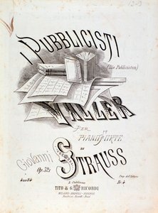 Frontispiz der Partitur von Die Publizisten (Op. 321) von Johann Strauss