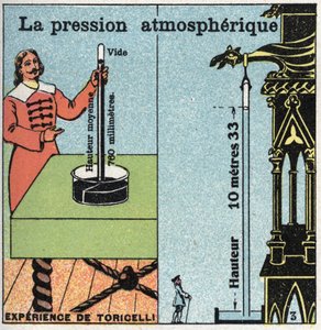Gasdruck: Atmosphärendruck. Links das Experiment von Evangelista Torricelli (oder Toricelli) zum Atmosphärendruck, gemessen mit seinem Barometer (Quecksilberrohr) im Jahr 1643. Rechts das Experiment von Blaise Pascal (1623-1662) auf dem Puy de Dôme. Anonym von Anonymous Anonymous