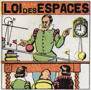 Körnung: Gesetz der Räume. Galileo Galilei (1564-1642) beobachtet die Bewegung einer Kugel auf einer geneigten Ebene, um den Fall von Körpern zu studieren. Anonyme Illustration von 1925. Private Sammlung. von Anonymous Anonymous