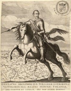 Gustav II. Adolf, genannt der Große oder der Löwe des Nordens (1594-1632), König von Schweden, vor der Karte von Pommern von Anonymous Anonymous