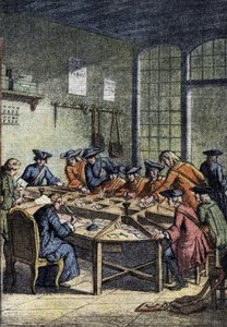 Geschichte der Post: ein Sortierraum unter der Herrschaft von Ludwig XV. (18. Jahrhundert). Detail aus „Le petit journal“ vom 15.04.1920. Private Sammlung