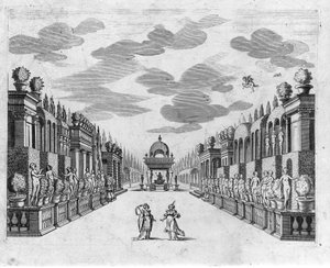 Illustration für Szene 4 des 2. Aktes der Oper in 5 Akten „Bellerofonte“ von Francesco Sacrati. Dekor von Jacopo Torelli