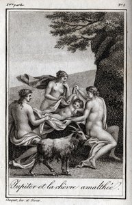 Jupiterkind wird von der Ziege Amalthea gefüttert. Gravur aus 1819 in „Lettres à Emilie sur la mythologie“ von Charles Albert Demoustier (1760-1801). Private Sammlung von Anonymous Anonymous