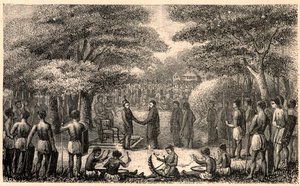 König Lebuschi begrüßt Henri Depelchin (1822-1900), Jesuitenmissionar und erster Superior der Oberen Zambeze-Mission in Afrika. Gravur in „Les Missions Catholiques au XIXème Siècle“ von Louis-Eugène Louvet. Private Sammlung.