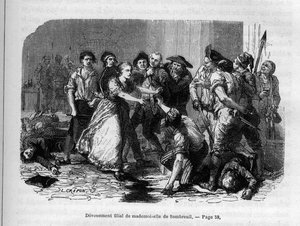 Die Hingabe von Madame de Sombreuil - Mademoiselle (Marie) de Sombreuil (1774-1823) Heldin der Revolution - Gravur in „Histoire des Girondins“ von Alphonse de Lamartine (1790-1869) 1865-1866. Private Sammlung