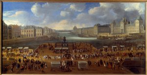 Le Pont Neuf gesehen vom Eingang zur Place Dauphine, Durchzug eines Kortsches auf der Brücke im Jahr 1669. Anonymes Gemälde. Paris, Musée Carnavalet