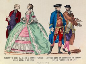 Links: Elegante mit großem Korbkleid, mondäner Abt 1760 / Rechts: Junge Männer in Jagd- und Spazieranzug 1760 (Herrschaft von König Ludwig XV.) - private Sammlung