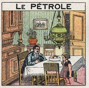 Lichtquellen: Verwendung der Öllampe. Anonyme Illustration von 1925. Private Sammlung.