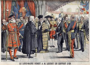 London, Großbritannien. Sir Marcus Samuel überreicht Präsident Emile Loubet nach dem Empfang im Guildhall eine goldene Schachtel. Le Petit Journal, Juli 1903.