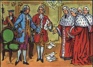 Ludwig XV. (1710-1774), König von Frankreich, hebt die Urteile des Parlaments auf. Anonyme Illustration in Collection des souverains et chefs d