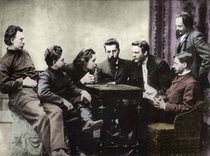 Mitglieder des Sreda-Literaturkreises, gebildet in der zweiten Hälfte der 1890er Jahre von russischen realistischen Schriftstellern - Porträts russischer Intellektueller der literarischen Gruppe Znanie: von links nach rechts, Andrei Skitalets (Stephan Gabr